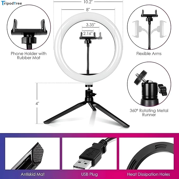 10" Selfie Ring Light with 4" Desktop Tripod Stand & 1 Phone Holder, LED Ringlight with Dimmable Modes(RGB) for Makeup/Photography/Videos/Vlog/TikTok (STDLR10-V2)
