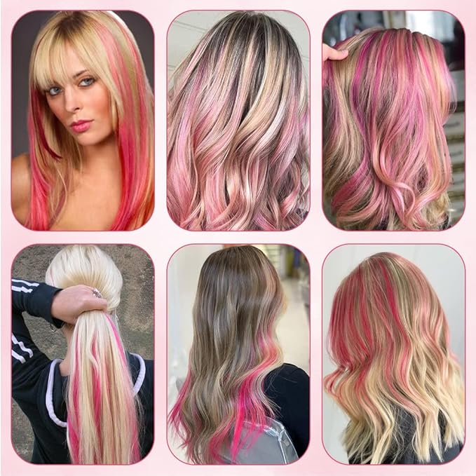 20 Inch Colored Hair Extensions Party Highlights Straight Colorful Clip In Hair Extensions Synthetic Rainbow Hairpieces for Girls Kids Gift(10Pcs Pink)