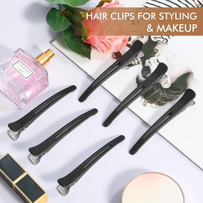 12PCS Hair Clips for Styling Sectioning - Non Slip No Crease Duck Billed Hair Clips for Women with Silicone Band - Professional 4.3 Inch Large Salon Hair Cutting Clips for Hairdresser - Black