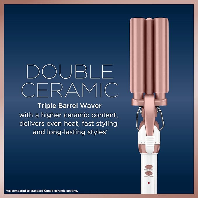 Conair Double Ceramic 3 Barrel Curling Iron, Hair Waver, Create Beachy Waves, Long-Lasting Natural Tight Waves for all Hair Lengths, White / Rose Gold