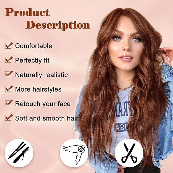 NAYOO Long Auburn Wavy Wig for Women 26 Inch Middle Part Curly Wavy Wig Natural Looking Synthetic Heat Resistant Fiber for Daily Party Use (Auburn)