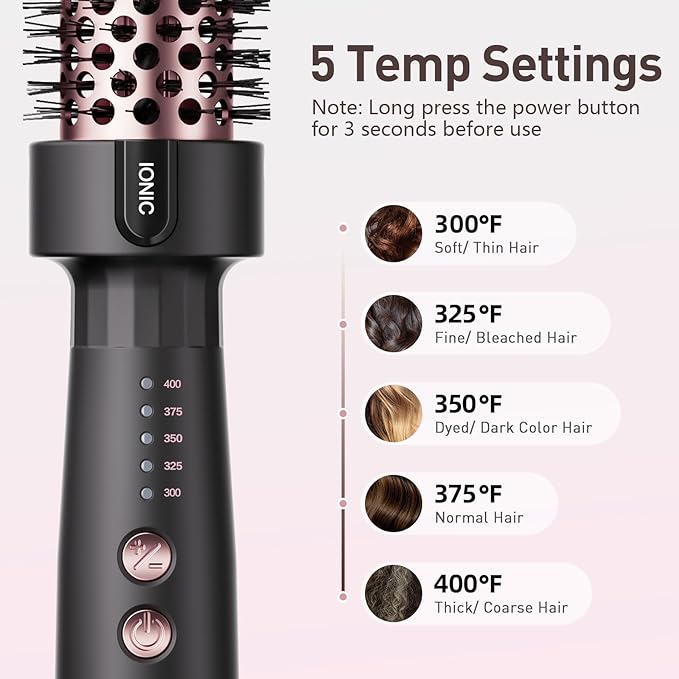 1.5 Inch Thermal Brush Blowout with 5 Temp Settings, Universal Voltage Hair Curling Iron, Ceramic Ionic Thermal Round Curling Brush Suitable for Medium and Long Hair, Rose Gold