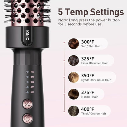 1.5 Inch Thermal Brush Blowout with 5 Temp Settings, Universal Voltage Hair Curling Iron, Ceramic Ionic Thermal Round Curling Brush Suitable for Medium and Long Hair, Rose Gold
