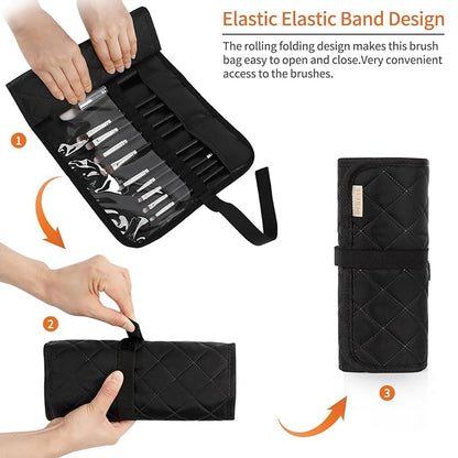 OCHEAL Makeup Brush Set with Holder & Travel Pouch | Professional Makeup Brush Organizer Kit for Women & Makeup Artists | Includes 14-Piece Cosmetic Brushes and Storage Case-Black