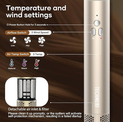 Hair Dryer Brush TECHMERI 6 in 1 Blow Dryer Brush Ions, Detachable Hair Styler Tools, Auto Wrap Curler, Hot Air Brush for Drying, Straightening and Volumizing, High Speed