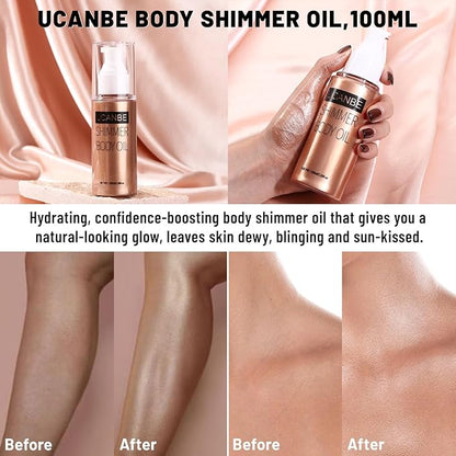 UCANBE Body Shimmer Oil - 100ml Moisturizing Glow Glitter Oil, Waterproof Shimmering Luminizer, Tinted Glowing Bronzer (Rose Gold)