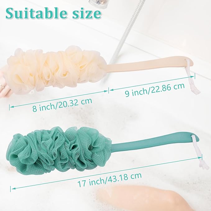 2Pack Back Scrubber for Shower Loofah with Long Handle, Shower Brush for Body, 17″ Loofah on a Stick for Men Women Bathing Accessories, Scrubber Sponge for Exfoliating Bath Brushes (Beige & Green)