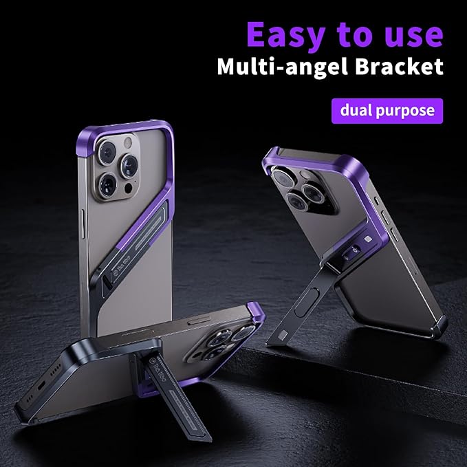 Lightweight Aluminum Alloy Shockproof Frame Case for iPhone 15 Pro Max Metal Bumper Cover with Hidden Stand (Purple)