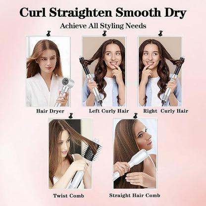 5 in 1 Hot air Blow Dryer Brush Hair Dryer Curling Wand Volumizing Brush Straightening Brush Blow Dryer Brush - Rapid Drying, Volume Boost, Ionic Smoothing, 110k RPM Motor（White）