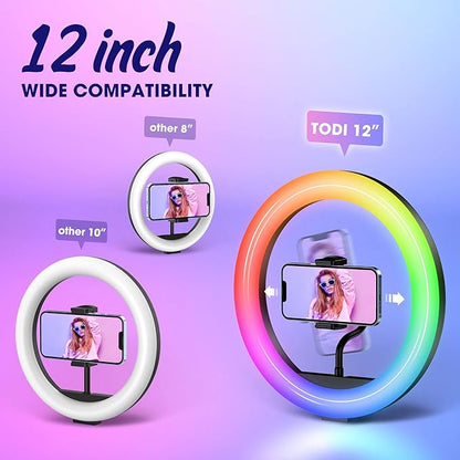 TODI 12" RGB Ring Light with 63" Tripod Stand, 3 CCT Mode and 39 Color Mode Selfie RingLight with Stand, 2-in-1 LED Ring Light with Selfie Remote, for Makeup, Live Stream