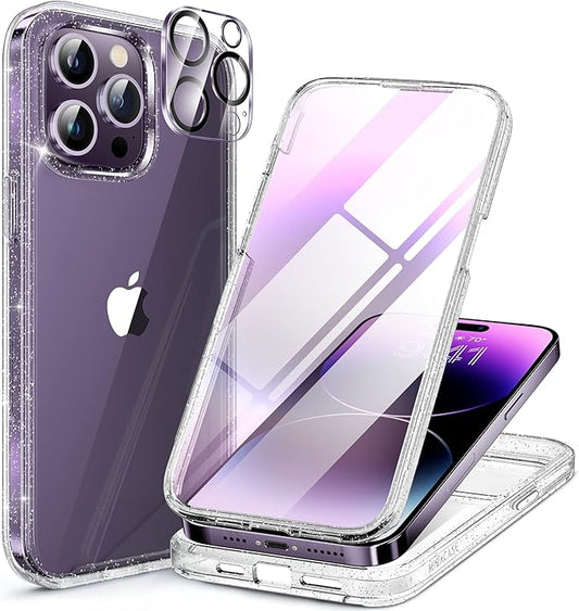 Miracase Glass Series Designed for iPhone 14 Pro Max Case 6.7 Inch, Upgrade Full-Body Case with Built-in 9H Tempered Glass Screen Protector, with Camera Lens Protector, Clear Glitter