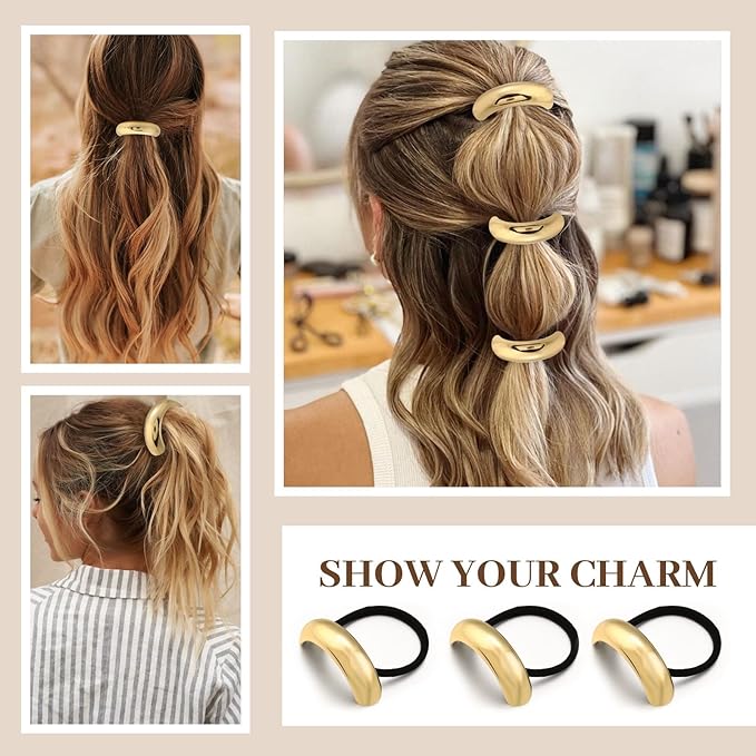 4PCS Gold Hair Ties, Metal Hair Ties for Thick Hair, Elegant Durable Round Geometric Design Hair Cuffs, Gold Hair Accessories Stretchy Non-Damage Ponytail Holders