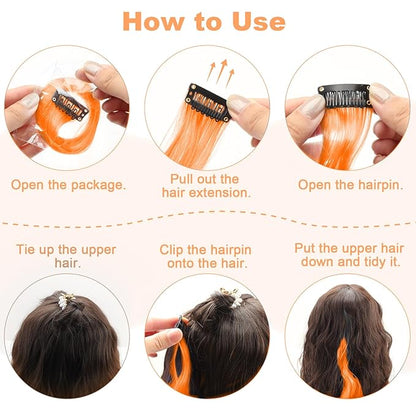 10 PCS Orange Clip-in Curly Wavy Synthetic Hair Extensions, Rainbow Neon Party Highlights, Colorful Hair Accessories for Kids, Girls, Women, 17 Inch