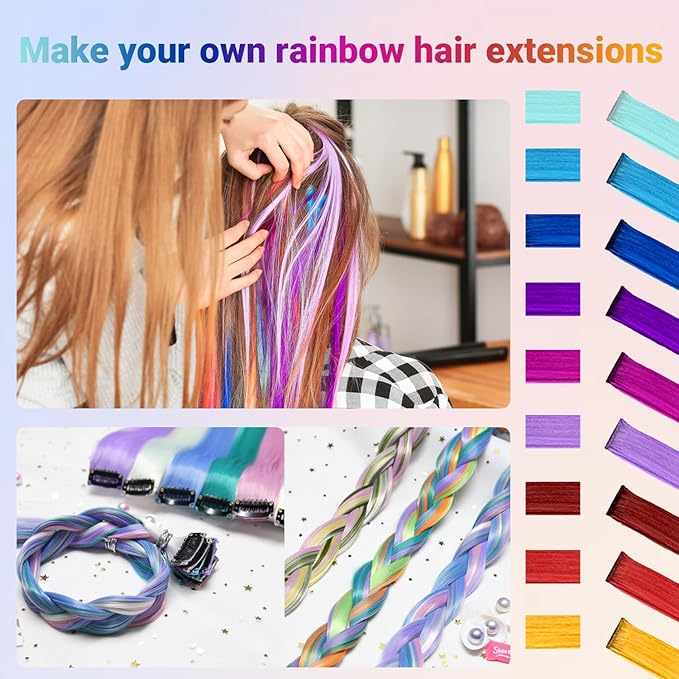 22 Pcs Colored Hair Extensions, Multi-colors Party Highlights Clip in Synthetic Hair Extensions 22 inch Rainbow Hairpieces for Girls Women Kids Favor Gift (Colorful Set)