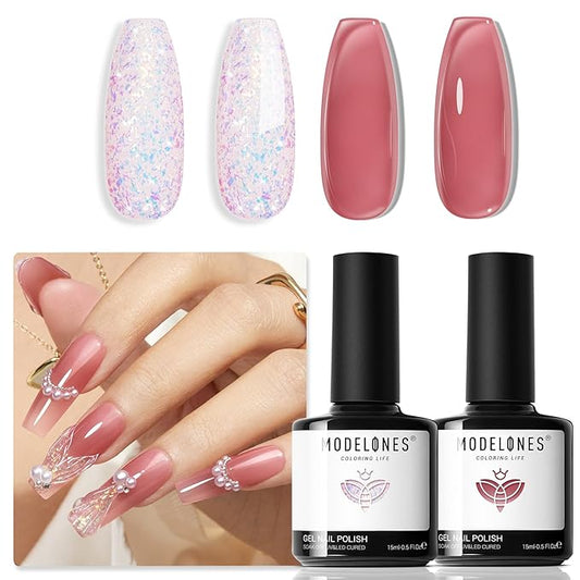 modelones Gel Nail Polish Set 2 Pcs 15 ML French Tip Red White Jelly Gel Polish Glitter Shimmer Pearl Pink Soak Off UV French Tip Gel Polish For Nail Art DIY Manicure At Home For Women Girl