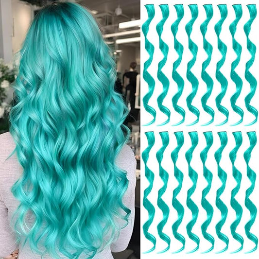 16 Pcs Colored Hair Extensions Curly Wavy Clip in Synthetic Hair Extensions,Colorful Party Highlights Hairpiece Streak for Girls Women Kids(Teal Blue)