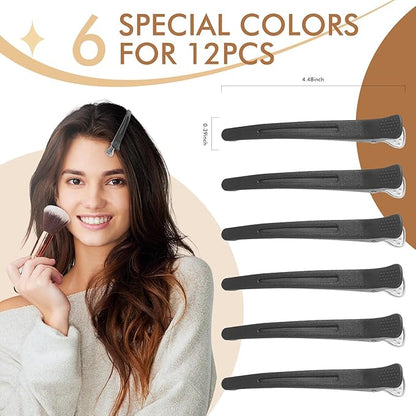 12PCS Hair Clips for Styling Sectioning - Non Slip No Crease Duck Billed Hair Clips for Women with Silicone Band - Professional 4.3 Inch Large Salon Hair Cutting Clips for Hairdresser - Black