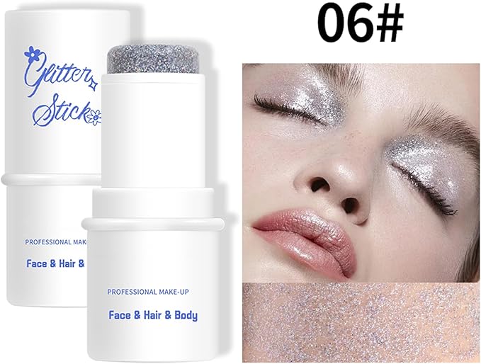 Body Glitter Stick, Chunky Glitter Gel for Face Body Hair, Face Glitter Gel Makeup, Sparkling Holographic Mermaid Sequins Paint, Waterproof Multiuse Makeup Glitter Face Paint, 06#Silver