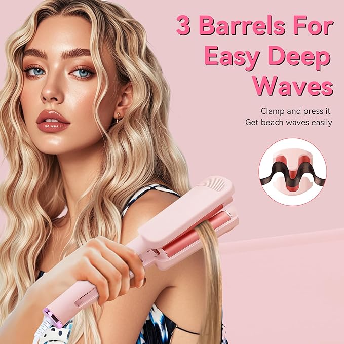 CHIKYO 3 Barrel Rovy Wave Curling Iron, 1.25 Inch Hair Crimper Waver, Beach Waves Curling Wand, Deep Waver Hair Curler Hot Tool with Ceramic Hair Curler for Women, Dual Voltage, Easy to Use，1.4m Cord