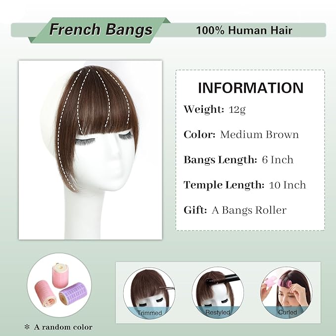 NAYOO French Bangs Hair Clip -Medium Brown 100% Real Human Hair Clip in Bangs for Women Fringe with Temples Hairpieces for Daily Wear (Medium Brown)