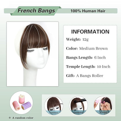 NAYOO French Bangs Hair Clip -Medium Brown 100% Real Human Hair Clip in Bangs for Women Fringe with Temples Hairpieces for Daily Wear (Medium Brown)