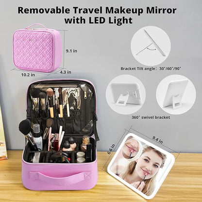 Omobolanle Makeup Bag with Mirror Led Light Detachable Portable Make up Travel Train Case with Adjustable Dividers and 10x Magnifying Mirror Pink