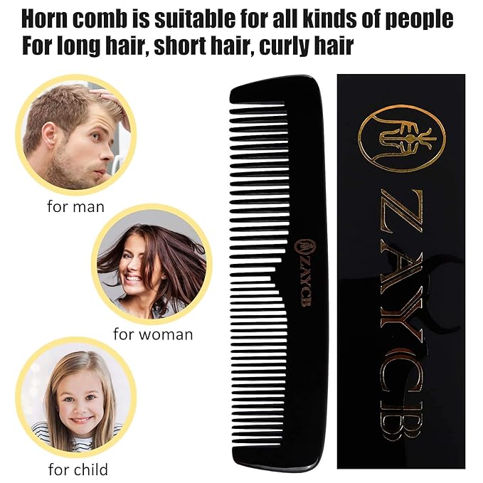 Buffalo Horn Comb - Anti-Static Detangling Styling Comb for All Hair Types (Classic Fine Tooth, Men, Women, Kids)