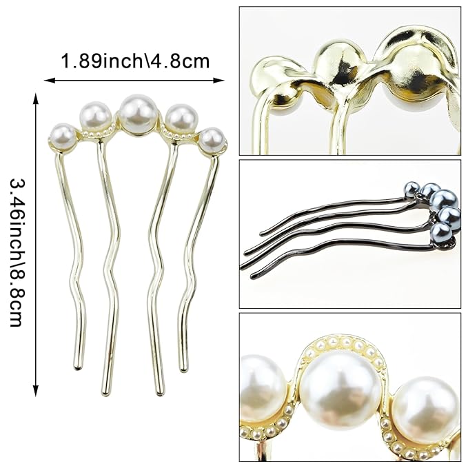 4 PACK Pearls Twist Hair Pins, Pearl U Shaped Hair Side Combs, 4 Prong Hair Updo Hair Sticks, Vintage Hair Fork Clips, French Pearl Hairpin Hair Styling Accessories for Wedding Party Holiday Daily