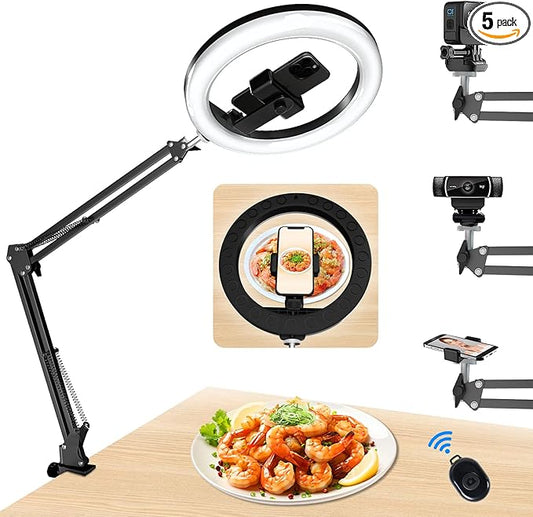 Upgrade 10’’ Ring Light Overhead Phone Mount,LED Selfie Light with Stand and Phone Holder for iPhone and Laptop,Desk Light for Video Recording, Live Streaming,Zoom Meeting, YouTube，Tiktok