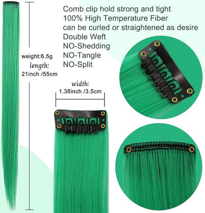 20 Inch Colored Hair Extensions Colored Hair Wig for Girls Straight Fashion Hairpieces Party Highlights 8 PCS (Red Green)