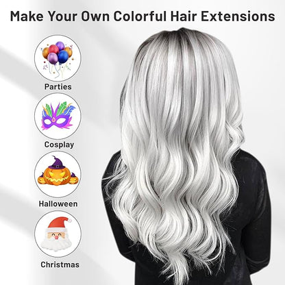 16 Pcs Colored Hair Extensions Curly Wavy Clip in Synthetic Hairpiece Streak for Girls Women Kids, Multi-colors Party Highlights Cosplay Festival Gift(White)