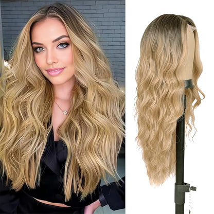 26 inch Lace Hairline Long Ombre Blonde Wigs for Women, Middle Part Long Curly Wig Heat Resistant Synthetic Hair Looking Natural, Fiber Wig for Daily Party Use