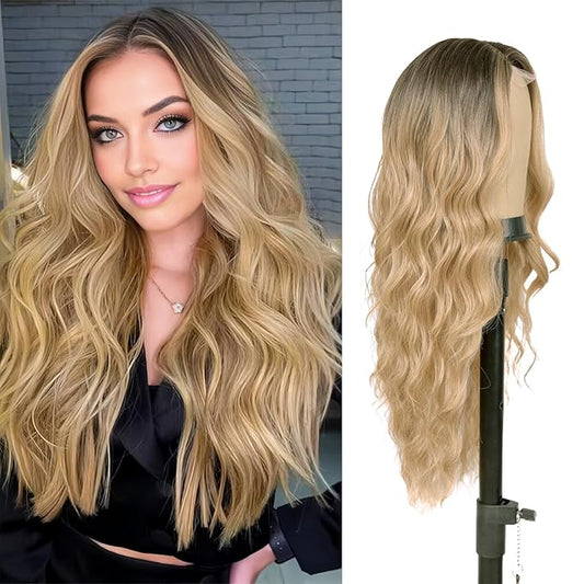 26 inch Lace Hairline Long Ombre Blonde Wigs for Women, Middle Part Long Curly Wig Heat Resistant Synthetic Hair Looking Natural, Fiber Wig for Daily Party Use