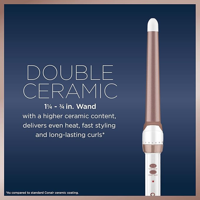 Conair Double Ceramic 1 1/4-inch to 3/4-inch Curling Wand, Tapered wand produces beachy waves