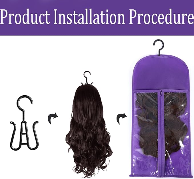 3PCS wig Hanger Hair Extension Holder Wig Storage for Multiple Wigs Bags Storage with Hanger Wig Holder Dust-proof Hair Extension Storage with Hook hair extensions, wigs & accessories (Purple)
