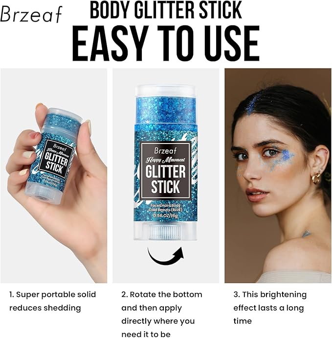 Brzeaf Blue Glitter Stick, Festival Rave Accessories, Waterproof & Long Lasting, Hair Eyeshadow Face Glitter Stick, 0.035kg, Blue