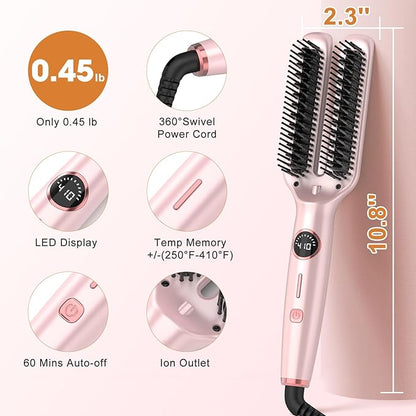 Nimmu Hair Straightener Brush, Hair Straightening Brush Flat Iron for Women with 5 Temps, Ceramic Straightener Comb Fast Heating for Home Salon, Double Heating Plate & Dual Voltage, Pink