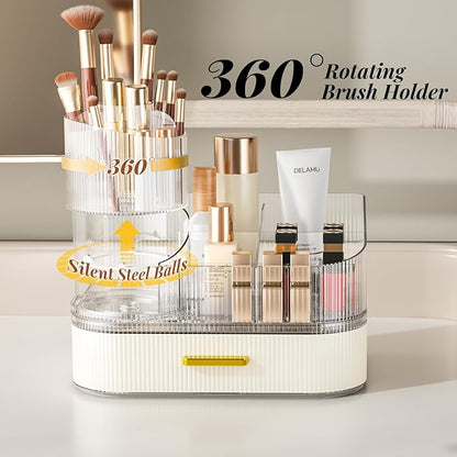 Delamu Makeup Organizer for Vanity with Stackable Drawers, 360 Rotating Makeup Brush Holder Large Cosmetic Display Case for Dresser, Bathroom Countertop Skincare Organizers and Storage, Elegant White
