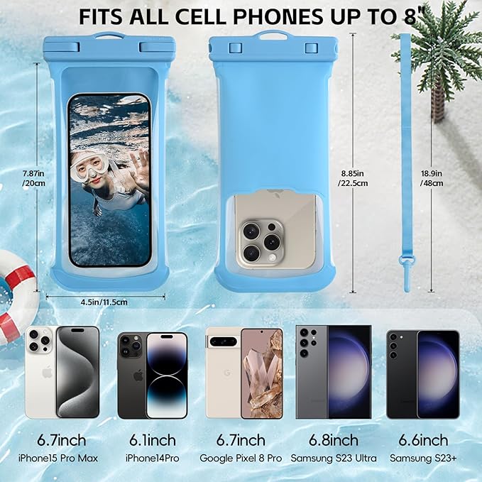 2PCS Waterproof Phone Pouch, [3D Design] IPX8 Waterproof Phone Case for iPhone 15 14 13 Pro Max Plus Galaxy S24 S23 Google Up to 8", Dry Bag Beach Essentials for Cruise Travel,Black/Blue