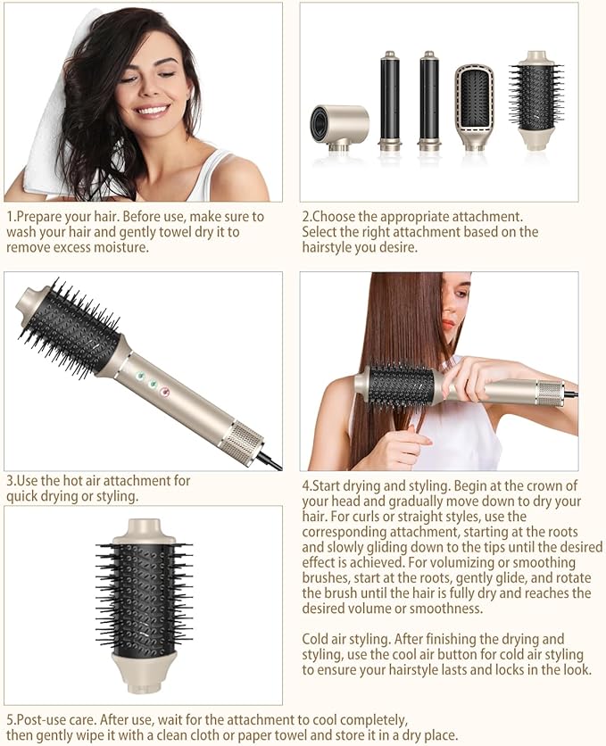 5 in 1 Hot air Blow Dryer Brush Hair Dryer Curling Wand Volumizing Brush Straightening Brush Blow Dryer Brush - Rapid Drying, Volume Boost, Ionic Smoothing, 110k RPM Motor（Champagne）