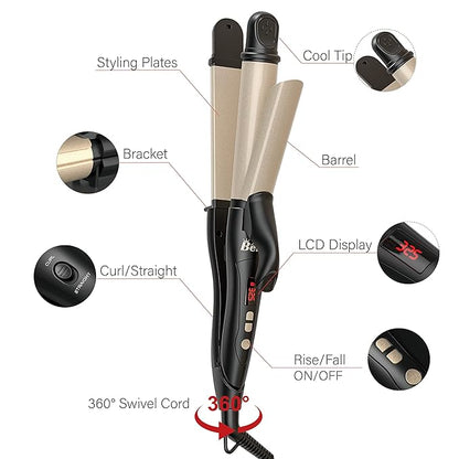 2 Hair Straightener and Curler Flat Iron Curling Wand, 1.25 Inch 2 in 1 Iron, Ceramic Tourmaline Styling Tools 275℉-425℉ Temp Adjustable, Dual Voltage Travel Girl Gift