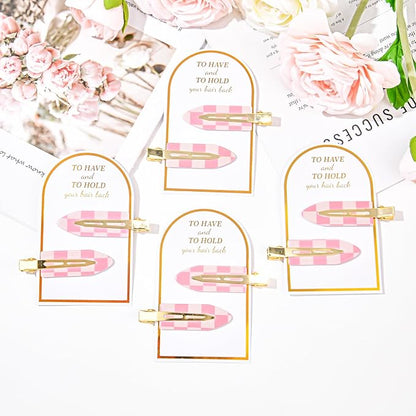 20PCS Bridesmaid Pink Checkered Hair Accessories - No Bend Creaseless Glitter Hair Clips for Bride Women Girls (20Pcs/10Cards)