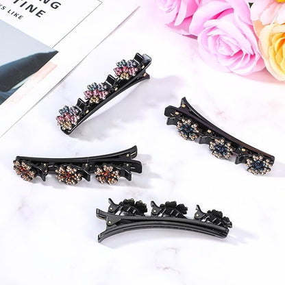 4PCS Sparkling Crystal Stone Braided Hair Clips, Shiny Fancy Hair Clips Elegant Four-Leaf Clover Braided Hair Clips for Women Styling, Braid Rhinestone Hair Accessories for Women Girls