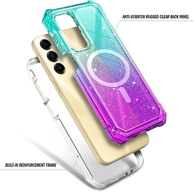 Designed for Samsung Galaxy A16 5G/4G Phone Case, Magnetic Compatible with MagSafe, [Raised Corners Drop Protection] Shockproof Protective Bumper Cover (Glitter Aqua/Purple)