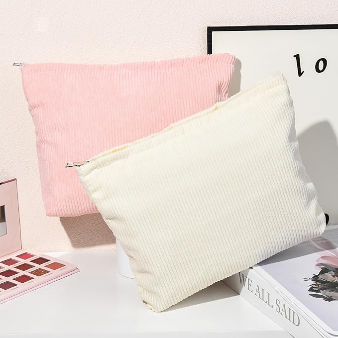 2 Pieces Corduroy Makeup Bag Large Corduroy Cosmetic Bag Capacity Canvas Travel Toiletry Bag Organizer Cute Makeup Brushes Aesthetic Accessories Storage Bag for Women, Corduroy L White Pink