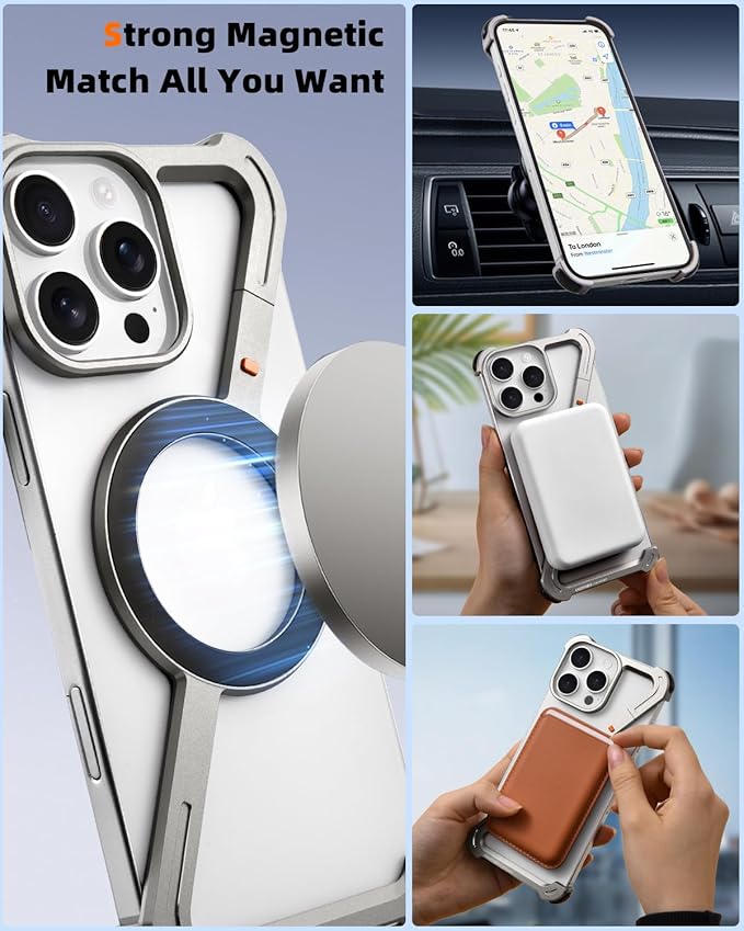 OATSBASF Minimalist Phone Case Compatible with iPhone 16 Pro 6.3", [Compatible with Magsafe] Aluminum Metal Frameless Design Bumper Z Case, Protective Shock Grade Shell, Natural Titanium