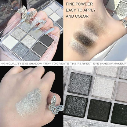 AMY'S DIARY Black Smokey Silver Glitter Shimmer Eye Eyeshadow Makeup Palette,9 Colors Cool Toned Matte Glitter Make Up Black Radiance Eyeshadow Palette Sombras De Ojos Profesional(A)