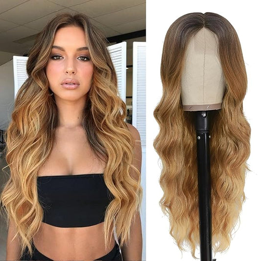NAYOO Long Honey Blonde Wavy Wig for Women 26 Inch Middle Part Curly Wavy Wig Natural Looking Synthetic Heat Resistant Fiber for Daily Party Use