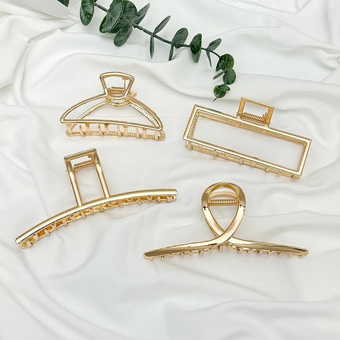 4 Pack Large Metal Hair Clips for Thin to Thick Curly Hair, 4.3 Inch Big Nonslip Gold Color Clamps, Perfect Fashion Jaw Claw Hair Styling Accessories for Women and Girls, Christmas Gifts
