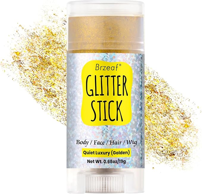 Brzeaf Waterproof Golden Glitter Stick, Face Glitter Makeup, Shimmery & Long Lasting, Chunky Glitter for Face/Body/Hair/Eyes/Lip, Singer Concert Music Christmas Rave Festival